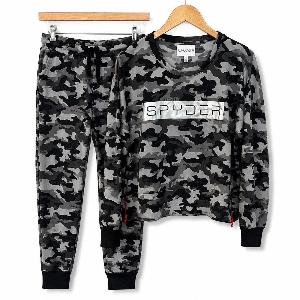 Spyder Womens Lg Grey Camo Lounge Set 2pc Sweatshirt Joggers Fleece NWT Pajamas